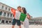 kissing couple holding italian flag venice central square san marco