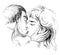 Kissing couple in love, black and white hand drawn illustration.