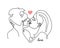 Kissing couple, romantic vector sketch, text love. One continuous line drawing, illustration of kiss.
