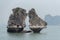 Kissing rock or Chicken rock at Halong bay northeast Vietnam is towering limestone islands topped by rainforests