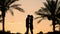 Kissing silhouettes at palms sunset