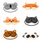 Kit children s sleep mask with different design on white background. Set face mask for sleeping human with corgi, cat, panda, fox,
