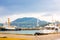 Kitakyushu, Japan - November 22, 2016 : Mojiko Port and Kanmonkyo Suspension Bridge in Kitakyushu, Japan. Kanmonkyo Suspension