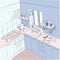 Kitchen, anime background style, blue and pink color