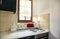 The kitchen in the apartment. Gas stove, toaster, condiment jars