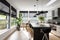 a kitchen with automated blinds, shades and curtains open to let in natural light