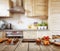 Kitchen Baking ingredients placed on wooden table, ready for coo