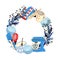 Kitchen baking mixer wreath on white background blue set color bright illustration of bake shop and pastry dessert  ornament