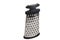 kitchen beetroot grater made of metal with a black handle and a plastic base on a white background