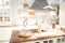 Kitchen blur background. Home indoor room interior. Modern cooking area