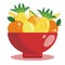 Kitchen bowl with juicy fruits. Vector flat illustration of plate with bananas, mangoes, oranges, pineapple, lemon