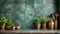 Kitchen brass utensils, chef accessories. Hanging kitchen with white tiles wall and wood tabletop.Green plant on kitchen