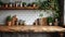 Kitchen brass utensils, chef accessories. Hanging kitchen with white tiles wall and wood tabletop.Green plant on kitchen