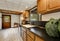 Kitchen cabinets close up with black counter top