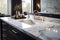 Kitchen in Calacatta Gold marble, renowned for its warm gold and gray veins, evoking opulence and grandeur.Generative AI