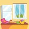 Kitchen Cartoon Vector. Classic Home Dining Room. Kitchen Interior Design. Dining Table, Fruits, Refrigerator. Flat