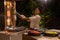 Kitchen chef cooking shawarma during the international cuisine dinner outdoors setup at the island restaurant