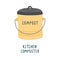 Kitchen composter, metal container with soil for biogradable trash, bin for food leftovers, isolated vector illustration