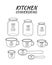 Kitchen conversions chart. Basic metric units of cooking measurements. Most commonly used volume measures, weight of