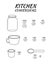 Kitchen conversions chart with jar, cup, ounce glass, spoon. Basic metric units of cooking measurements. Most commonly