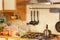 Kitchen counter with many fruits in plastic bags