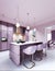 Kitchen counter with three chairs in lilac color in a trendy modern interior style
