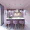 Kitchen counter with three chairs in lilac color in a trendy modern interior style