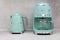 On kitchen counter top closeup in row SMEG brank kitchen appliances for easy life, coffee maker electric teapot , popular Italian