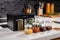 kitchen countertop with sous-vide cooking sauces, spices, and herbs for easy meals at a moment's notice