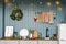 Kitchen, decorated for Christmas and New Year in white and blue shades