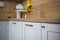 Kitchen details, objects in light and wood tones