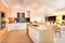 Kitchen and dining area illuminated by ceiling lights and flashing candles