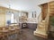 Kitchen and dining area in a log interior staircase to the second floor and a fireplace.