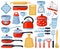 Kitchen dinnerware. Kitchenware and tableware dishes, tools, cutlery, grater, mixer and cutting board. Kitchen appliance