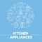 Kitchen electric appliances for cooking. Vector flat transparent icons in linear style on blue background. Isolated objects