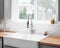 A kitchen faucet detail with a farmhouse sink and butcher block countertops.