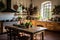 A kitchen featuring a wooden table in the center, surrounded by an assortment of pots and pans, An authentic Italian farmhouse