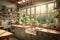 A kitchen filled with lots of wooden counter tops. AI generative image. Kitchen in Norwegian house Kitchen in Norwegian