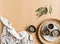 Kitchen flat lay of small bowls various dry spices on a beige background. Top view. copy space