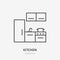 Kitchen flat line icon. Apartment furniture sign, vector illustration of fridge, stove. Thin linear logo for interior
