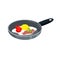 Kitchen frying pan with a nutritious Breakfast. Omelet with pieces of fried bacon. High-calorie food