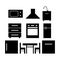 Kitchen furniture set of icons. Sink, refrigerator, microwave, table and chair, stove, range hood.
