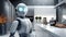 Kitchen with futuristic robot, aiding in culinary household chores.