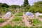 Kitchen garden with vegetables, herbs and flowers. With nets and chicken wire for protection against animals