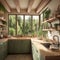 A kitchen with green cabinets and a wooden counter. AI generative image. Kitchen in Norwegian house Kitchen in Norwegian
