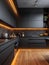 the kitchen with hardwood floors has an island, dark cabinets and yellow lighting