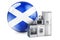 Kitchen and household appliances with Scottish flag. Production, shopping and delivery of home appliances in Scotland concept. 3D