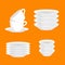 Kitchen household cutlery clean teacups and white ceramic plate stacked vector illustration set