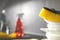 Kitchen housework background with place for your text, unwashed dishes with yellow sponge, selecetive focus photo