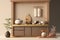 Kitchen interior, beige walls, wooden floor, brown cupboard, set of utensils and decorative plants